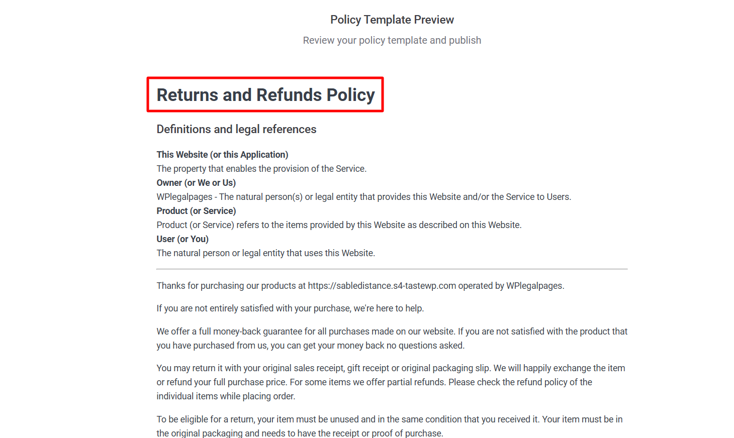 preview of refund and return policy