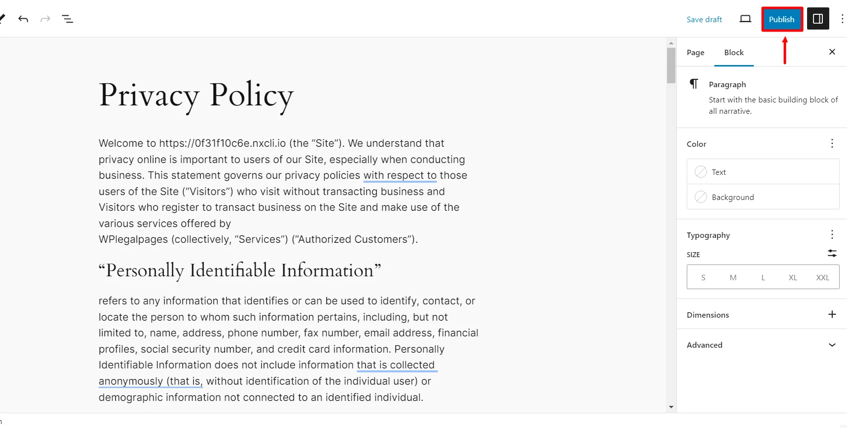 Clicking on publish