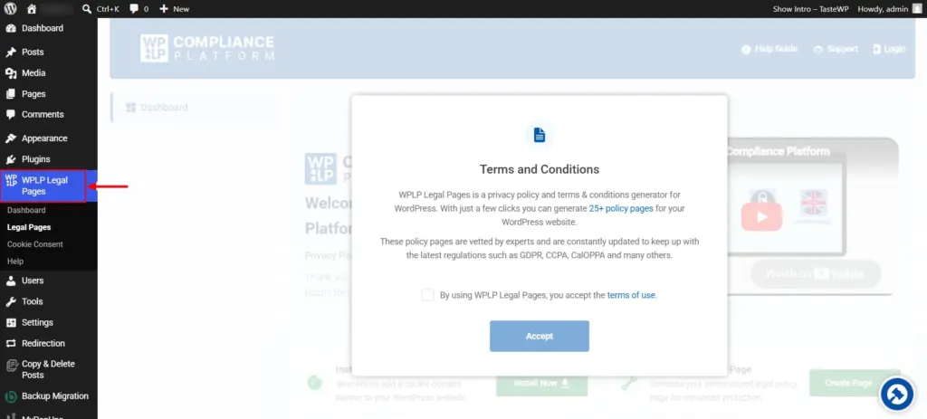 Accessing WPLP Legal Pages from the dashbaord