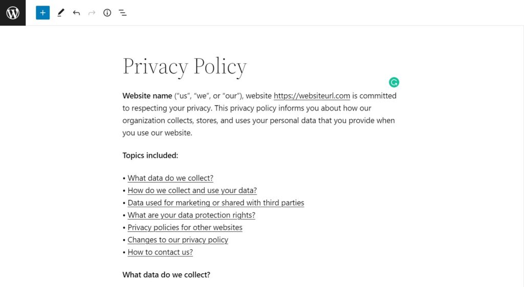 Create WordPress privacy policy page