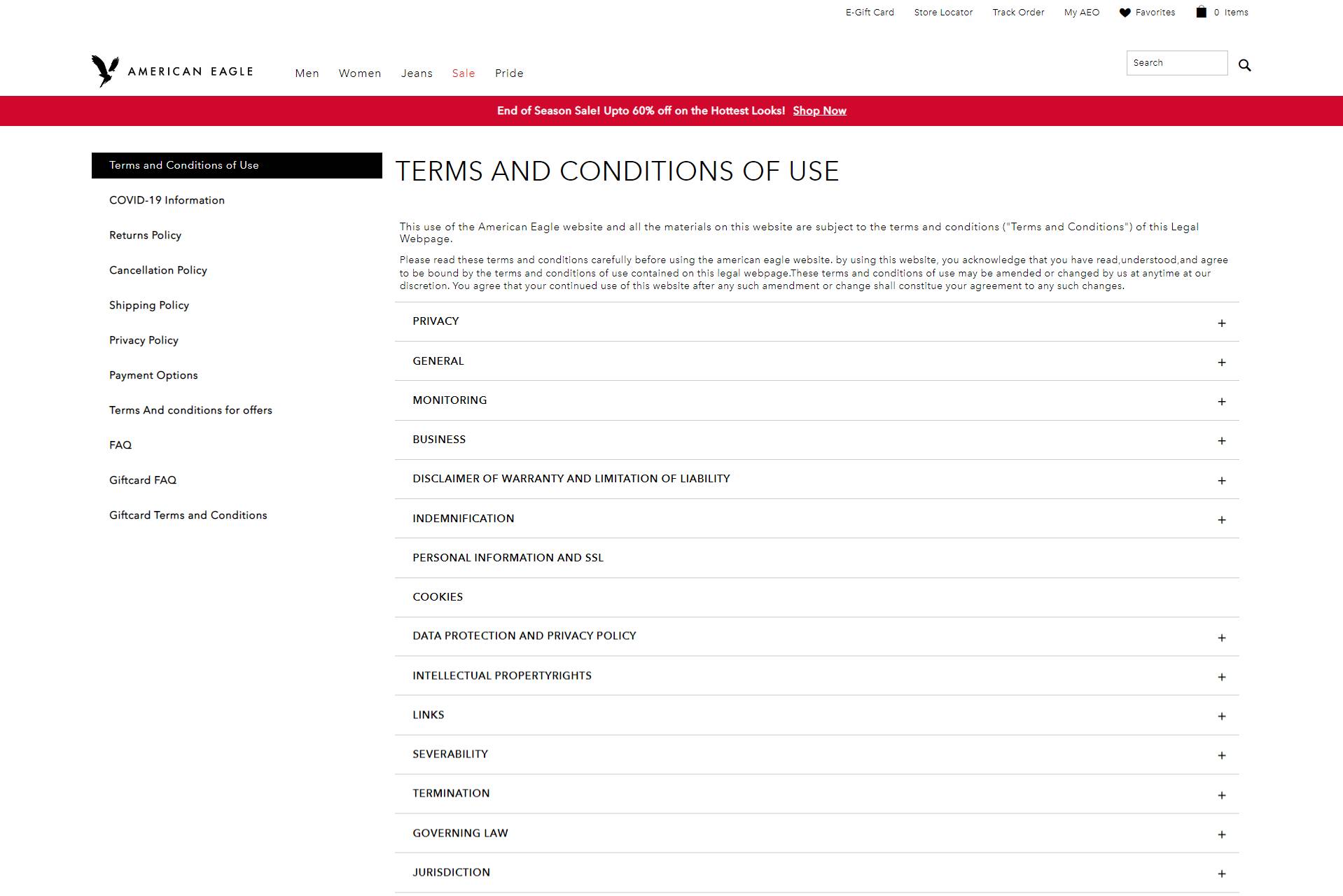 Terms and conditions example of american eagle outfitters