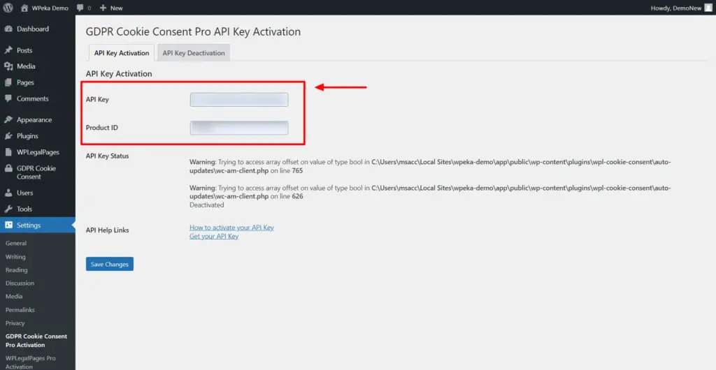 enter API key and Product ID for activation