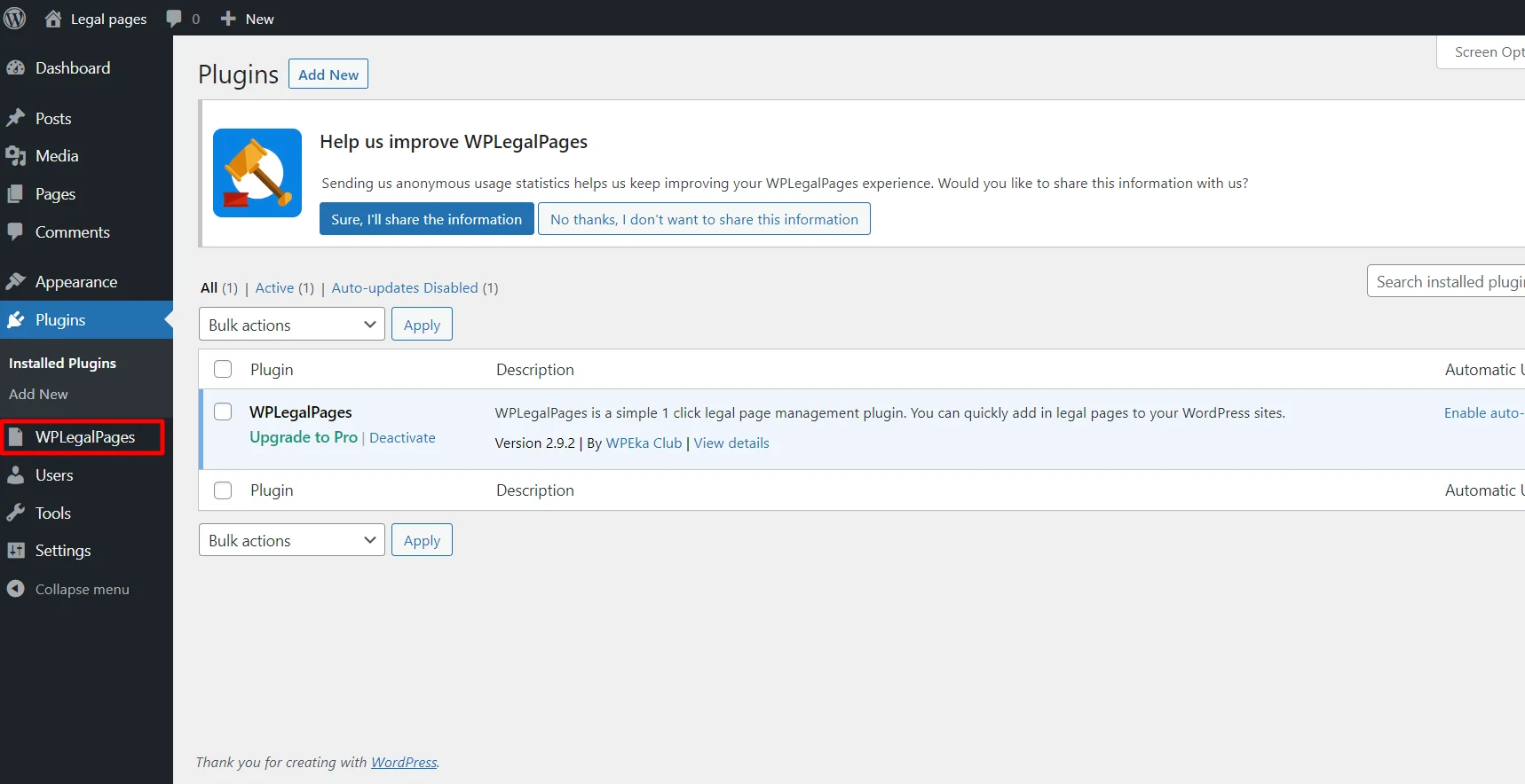 WP Legal Pages plugin appears in the dashboard