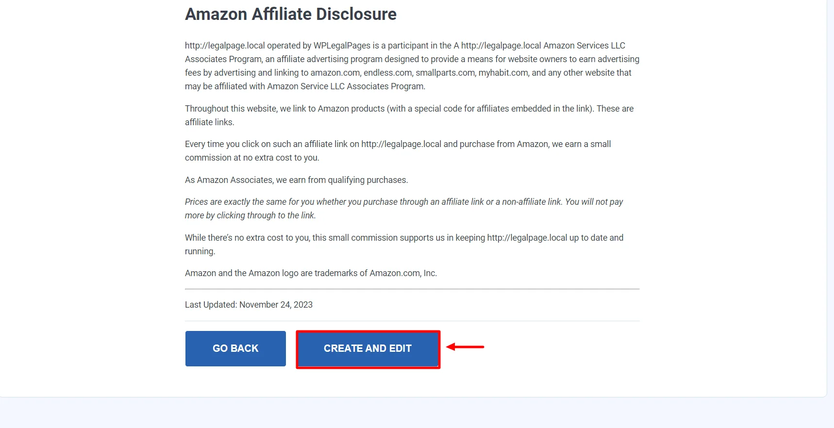 Editing the Amazon affiliate disclosure