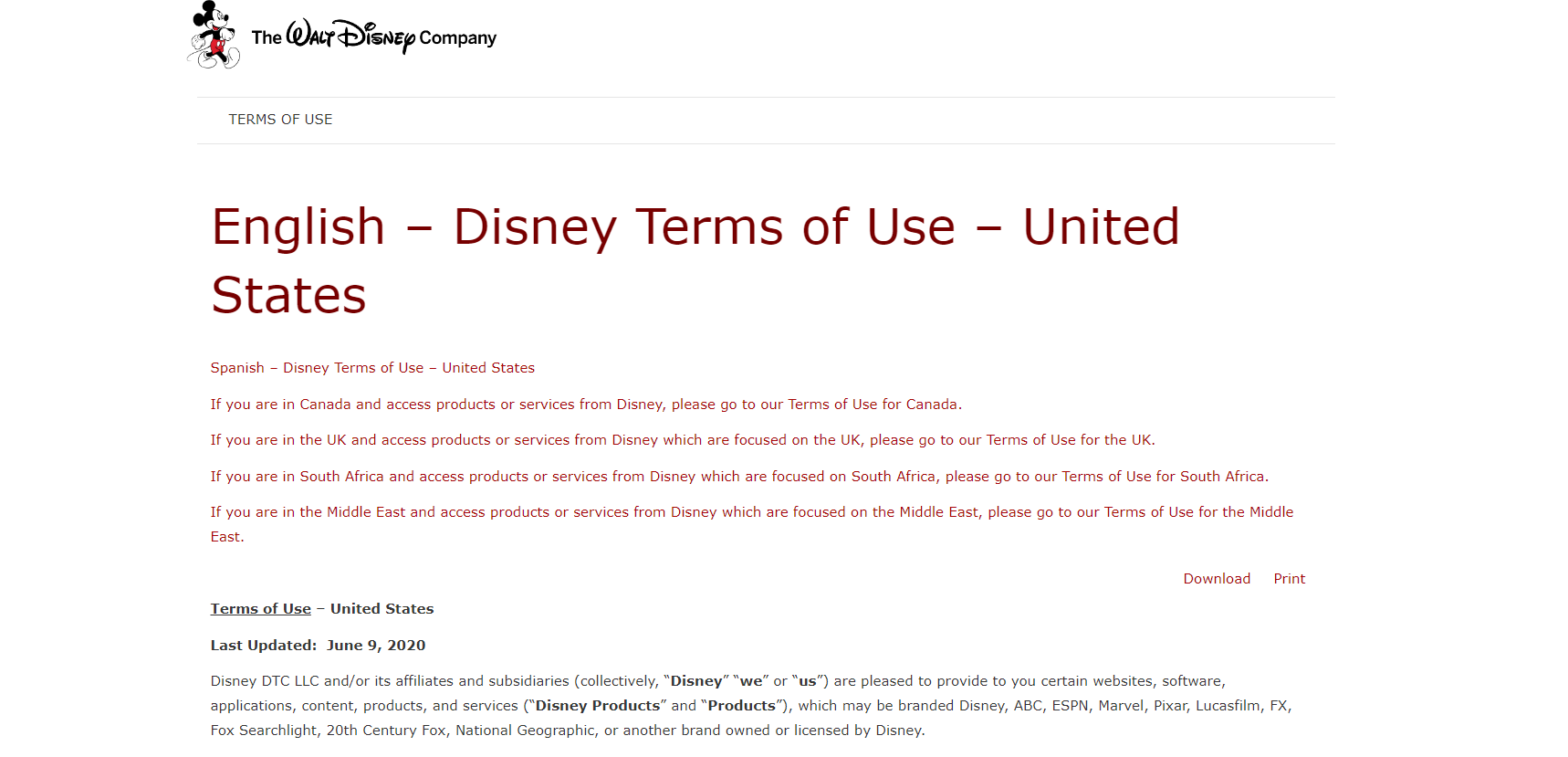 Disney's Terms and conditions