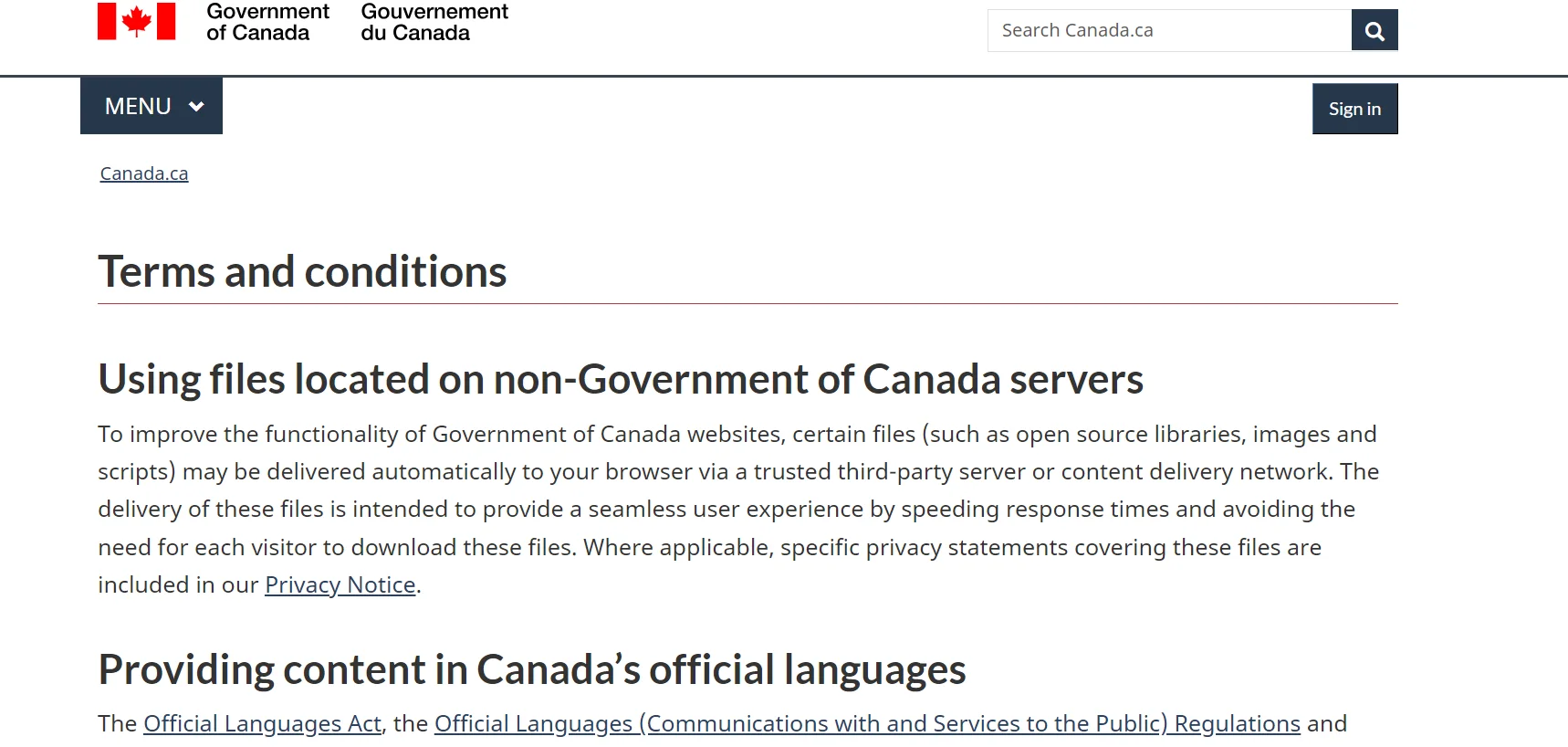 Terms and conditions of Gov of Canada