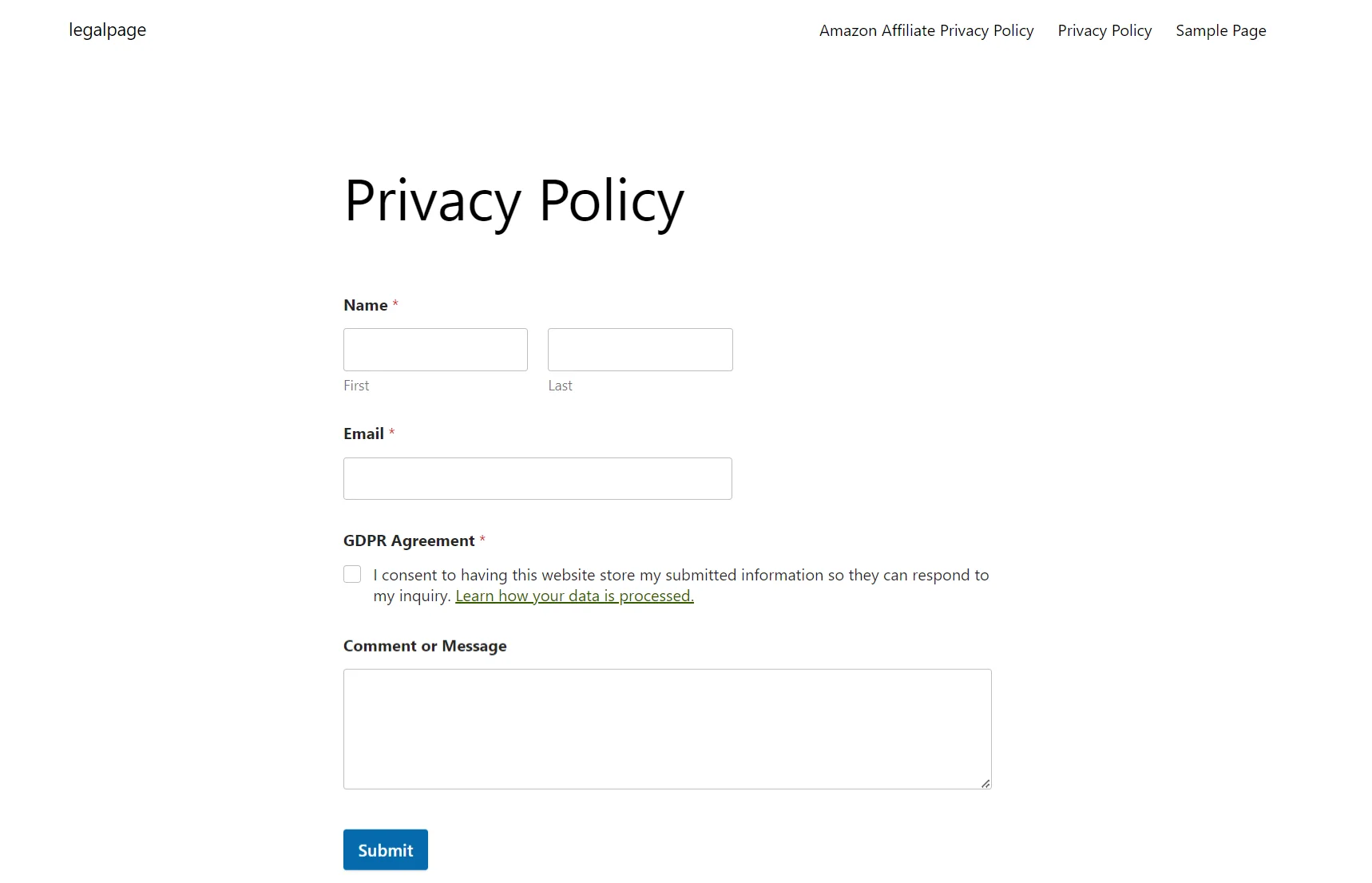 Previewing the live page on the website for GDPR check box