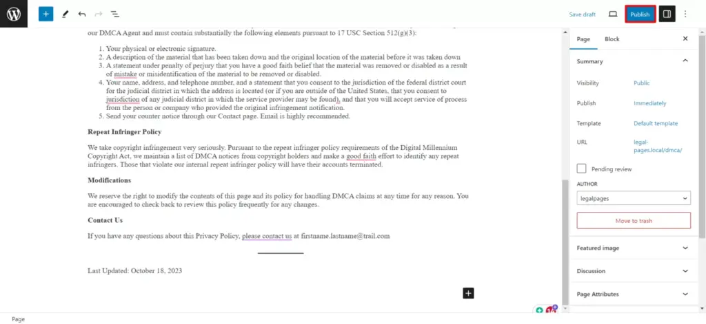Publishing DMCA notice