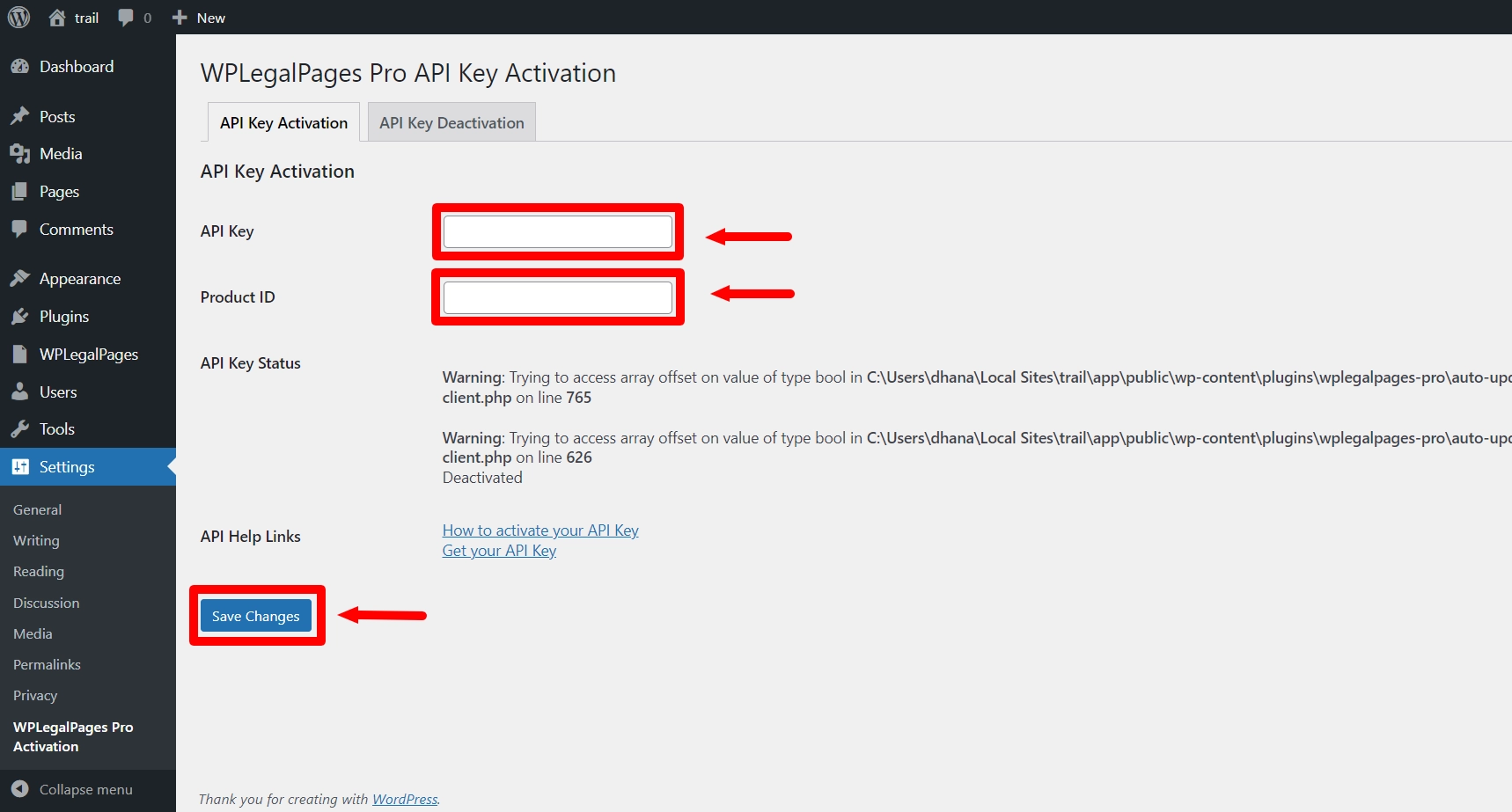 Entering API key activation details and saving changes