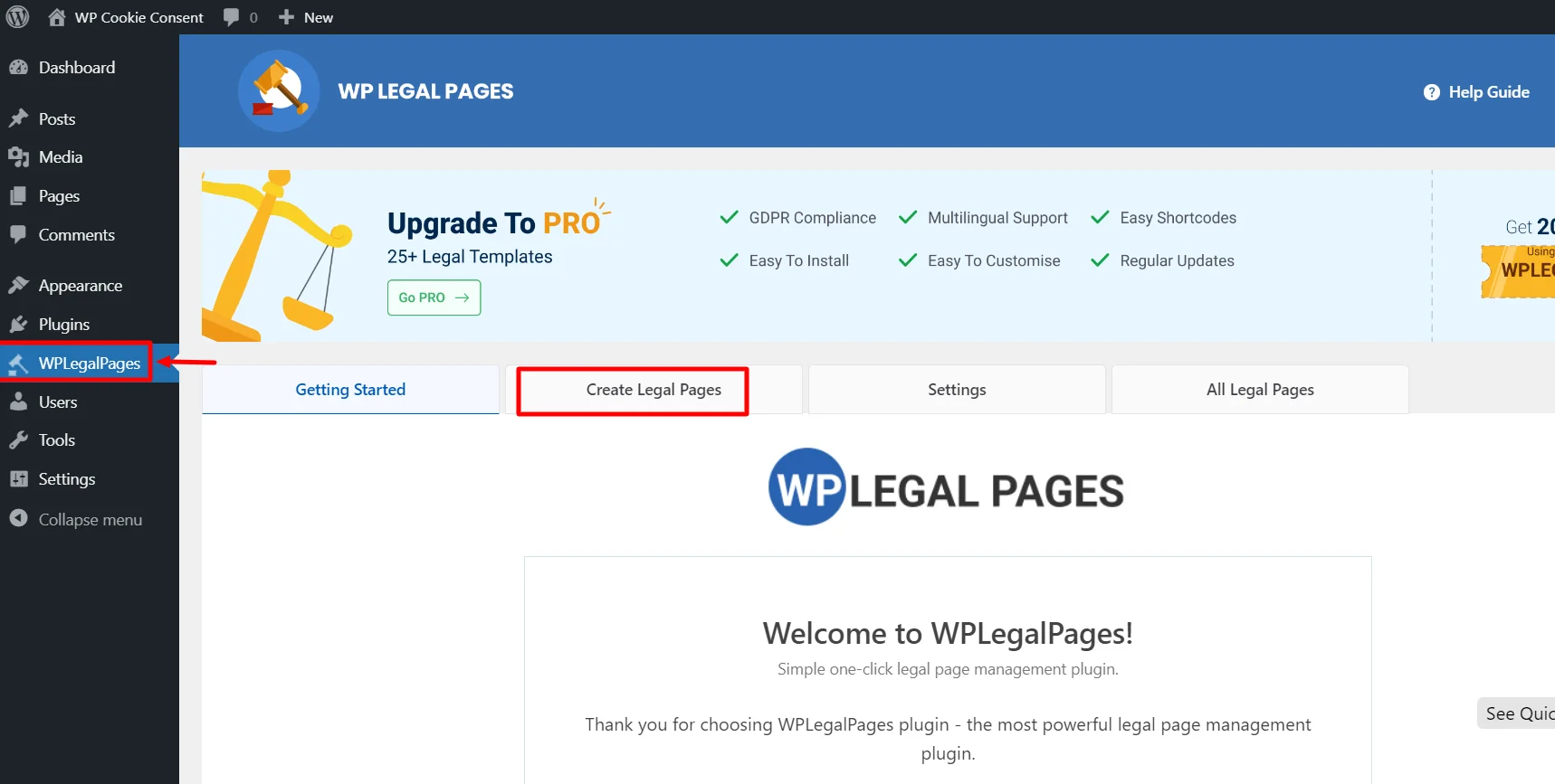 Clicking on create legal pages