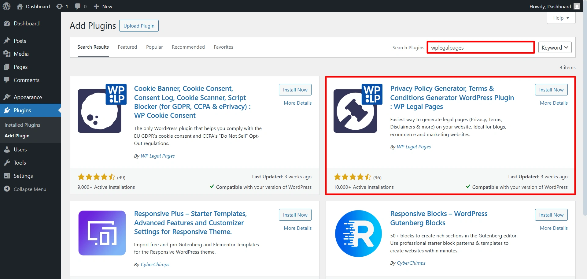 Search for WPLegalPages in the search bar