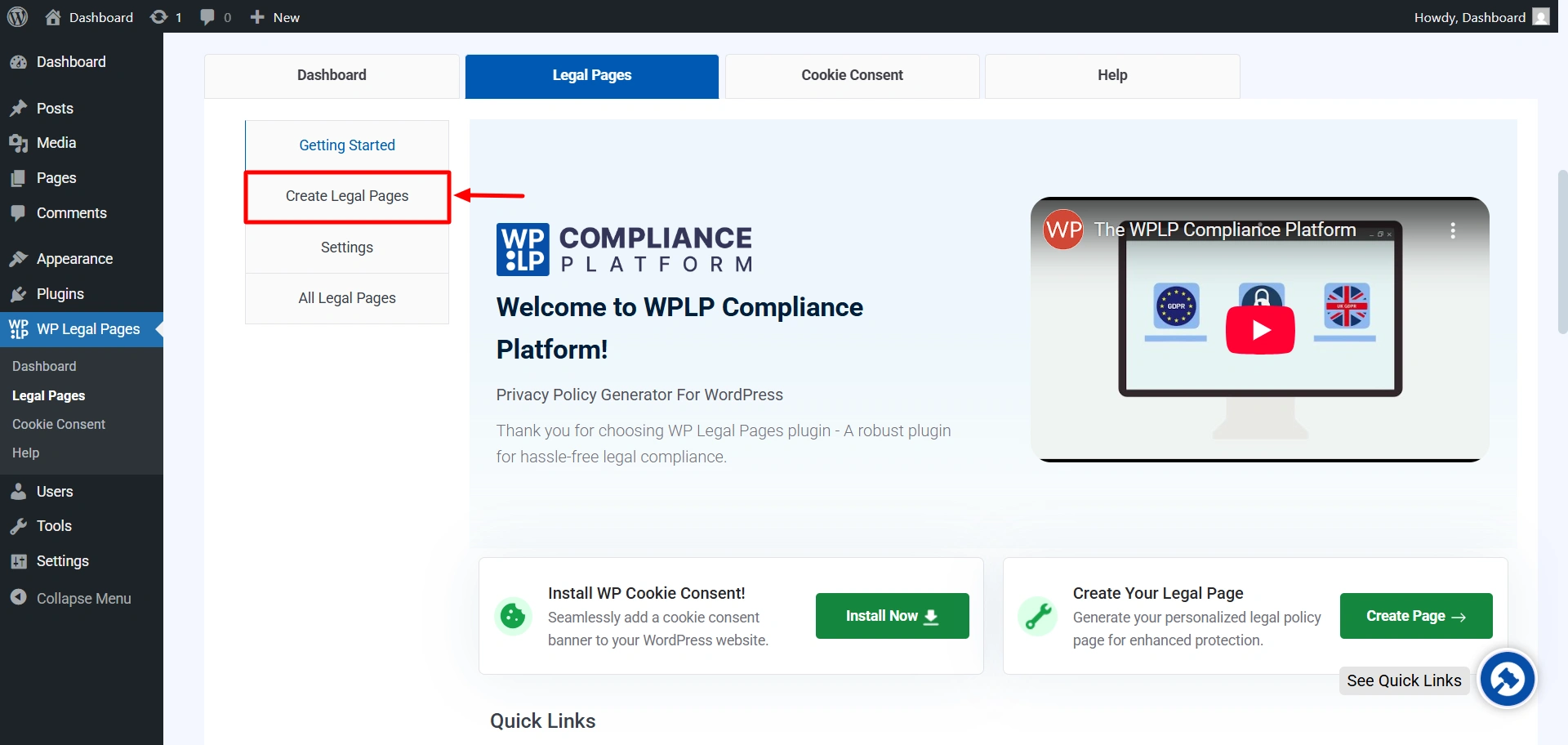 Clicking on create legal pages