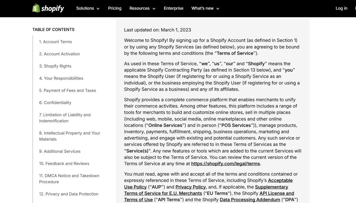Shopify's terms and conditions