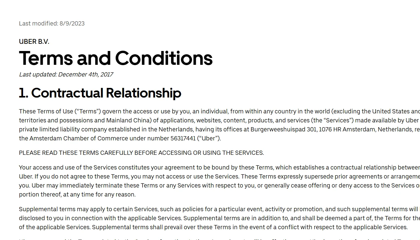 Uber terms and conditions