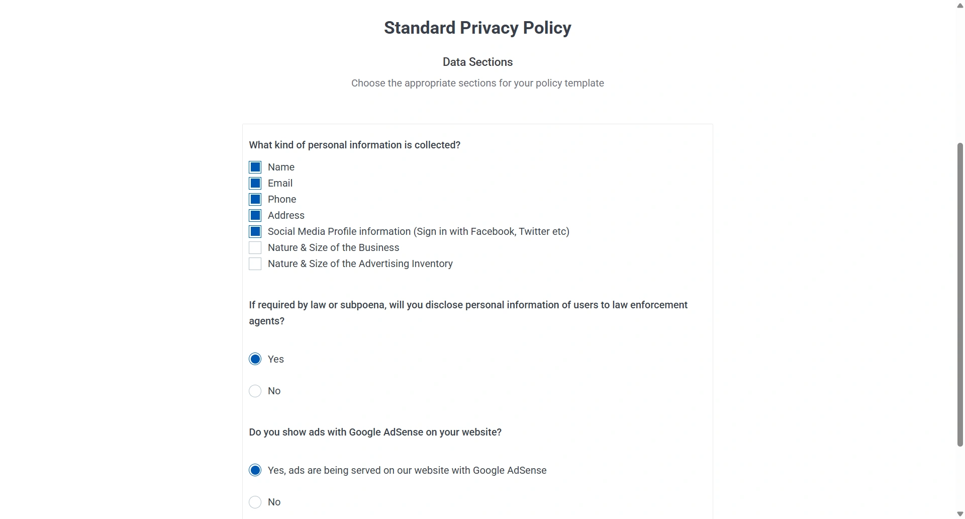 Fill in the standard privacy policy.