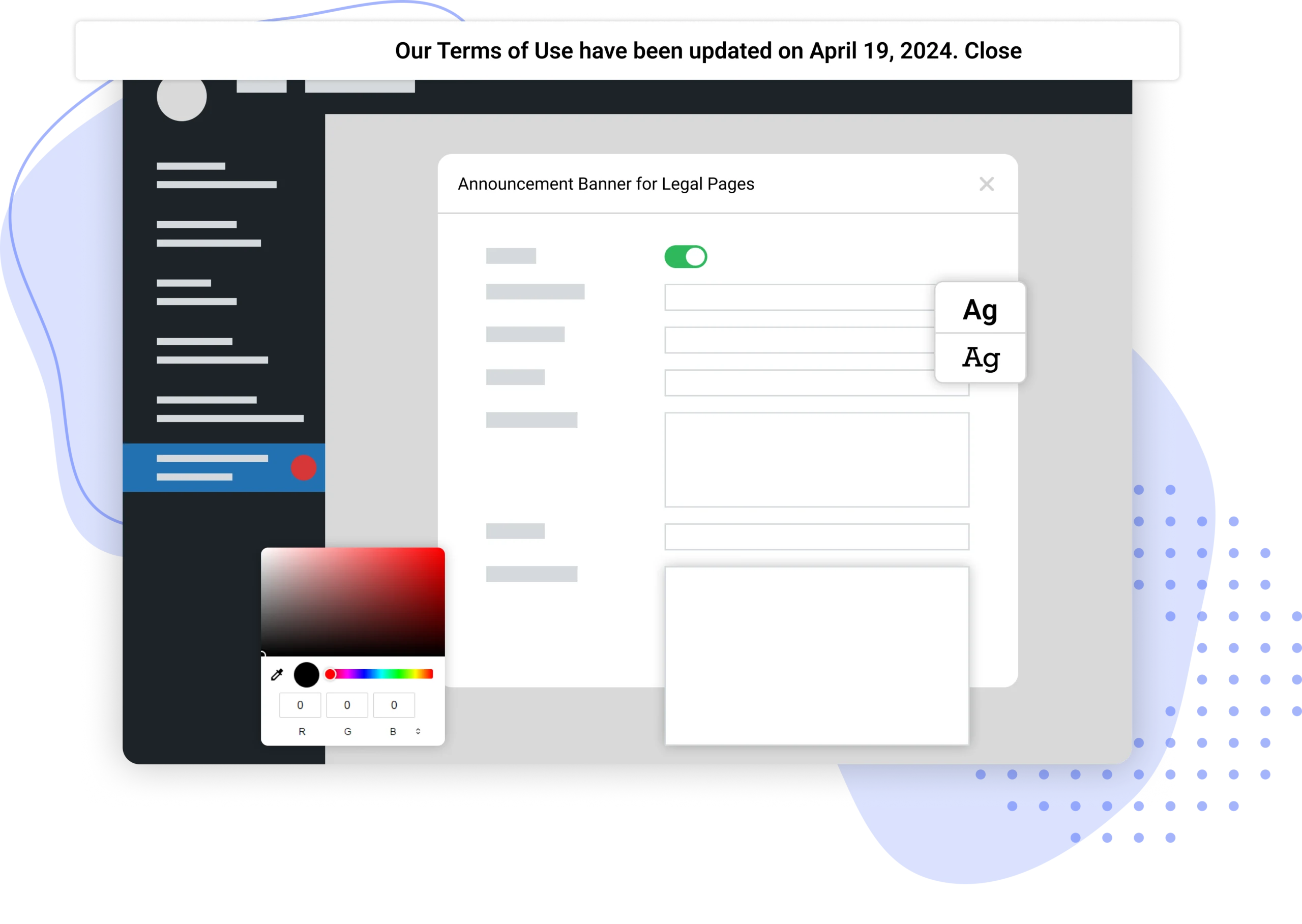 add announcement banner wp legal pages plugin