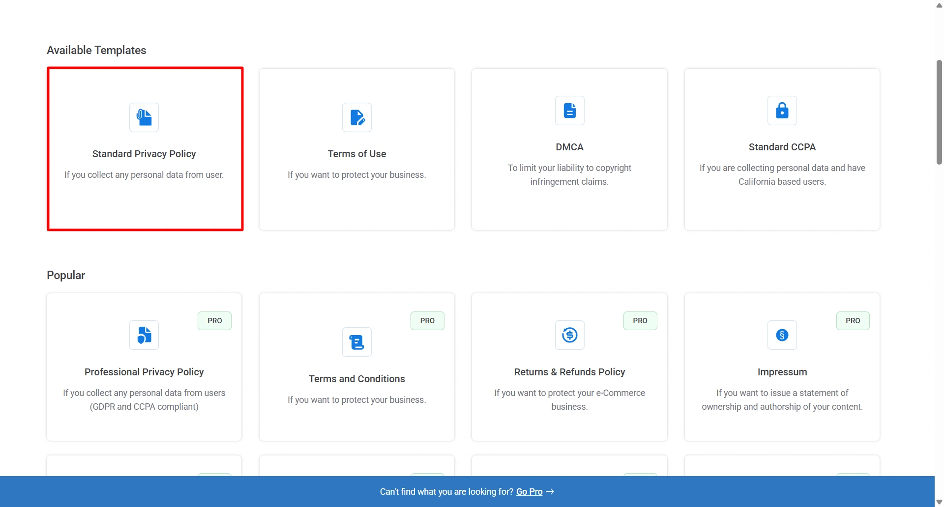 Click on the Standard Privacy Policy