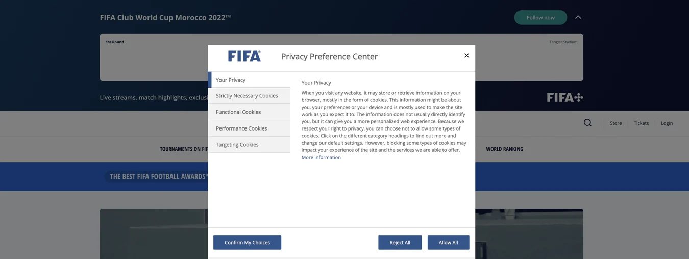 FIFA Cookie banner examples