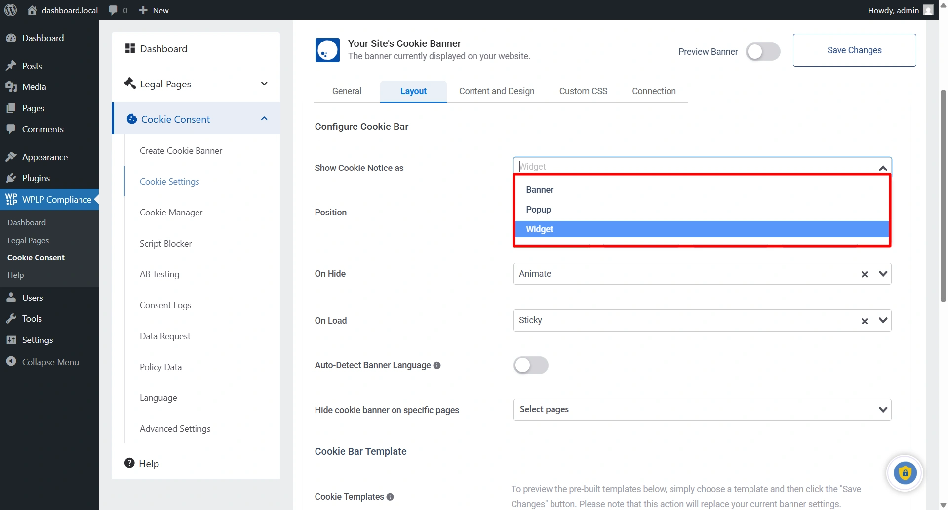 Selecting the position of the banner