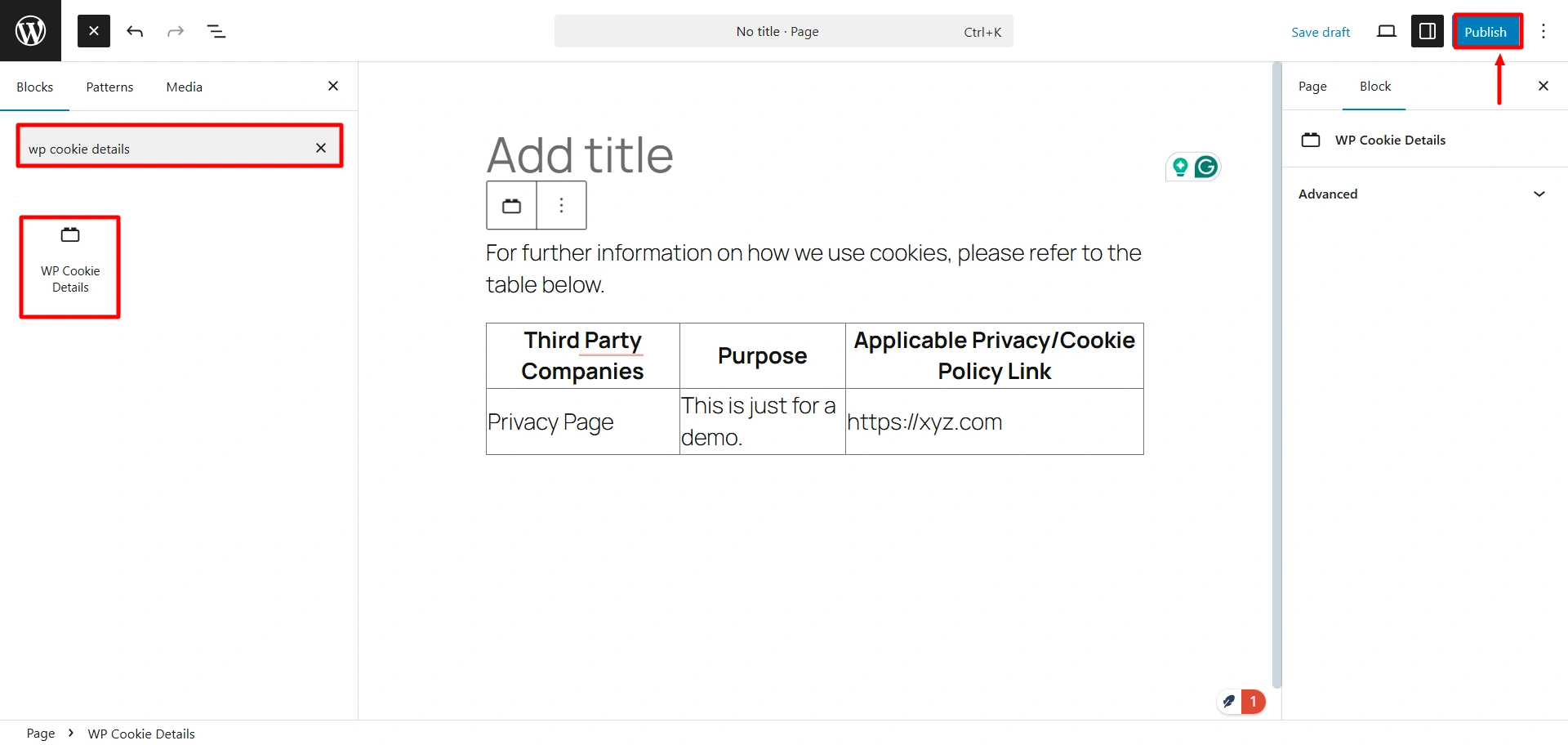 WP cookie details