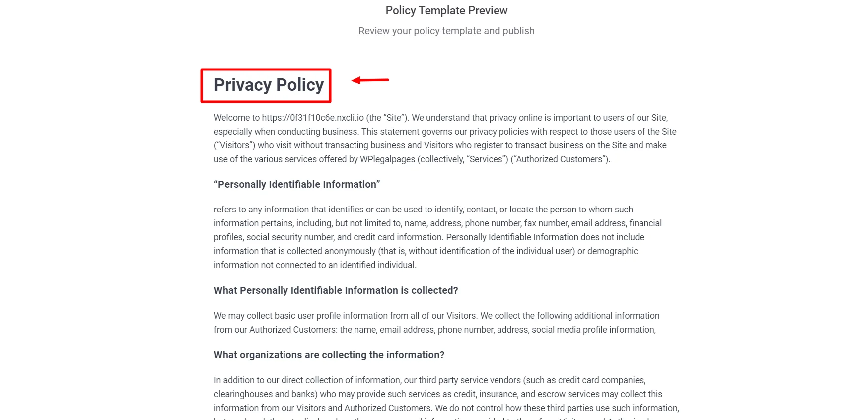 Privacy Policy for hotel website's template preview