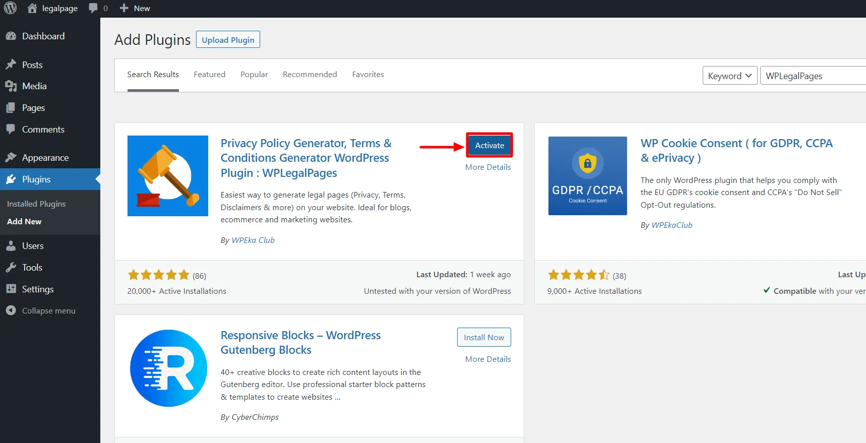 Activating the WP Legal Pages plugin