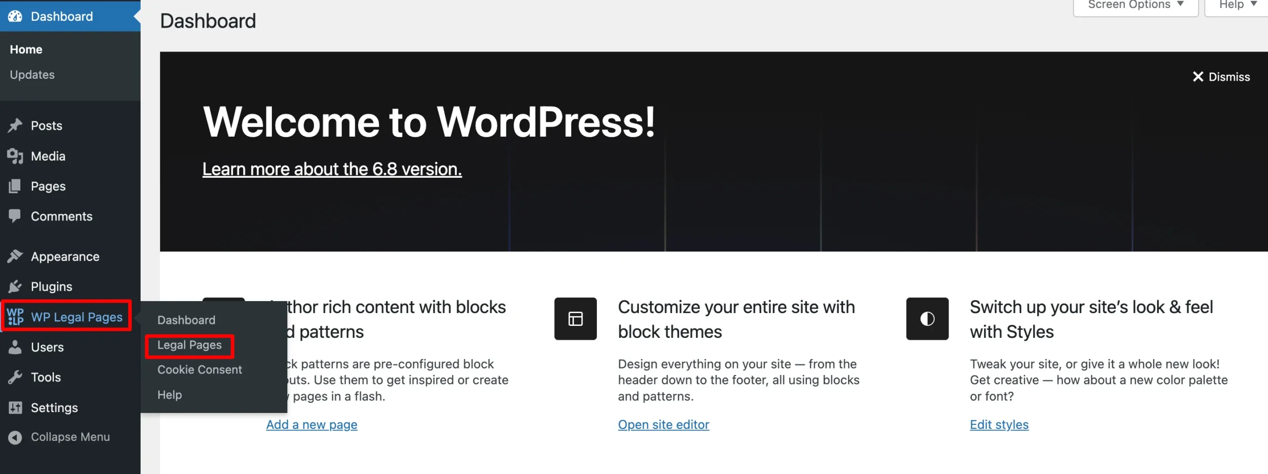 Accessing WP Legal Pages plugin from the dashboard