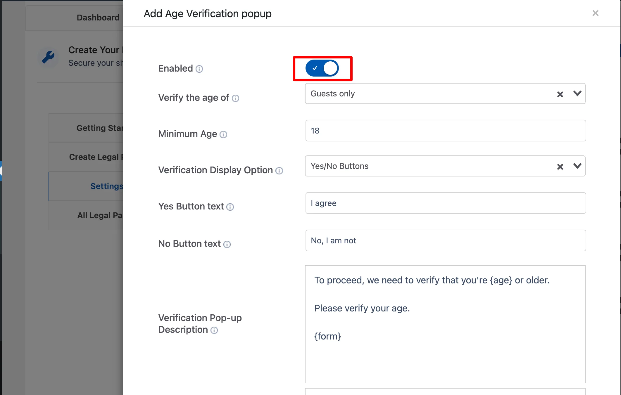 Enabling the toogle button of Age verification tab