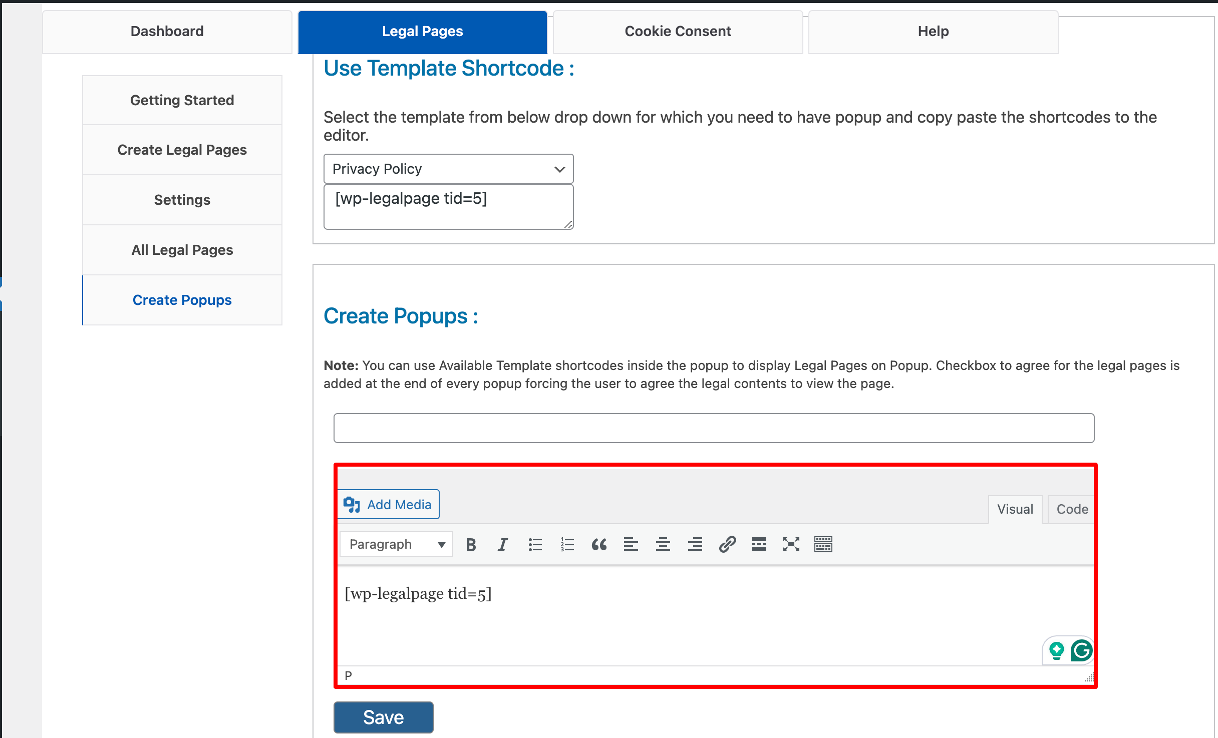 Pasting the shortcode in the editor