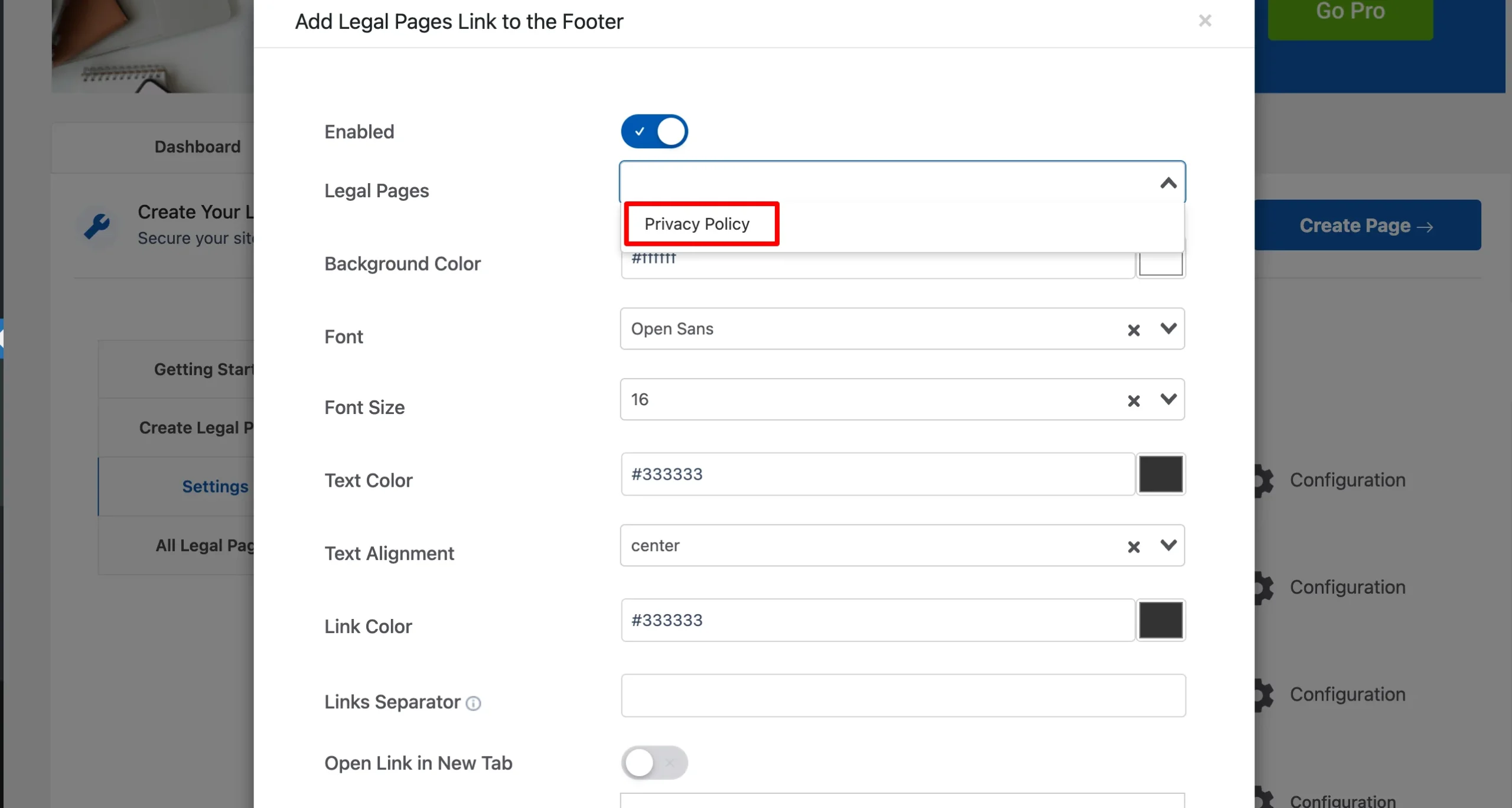 Selecting legal pages to be added to footer of the website