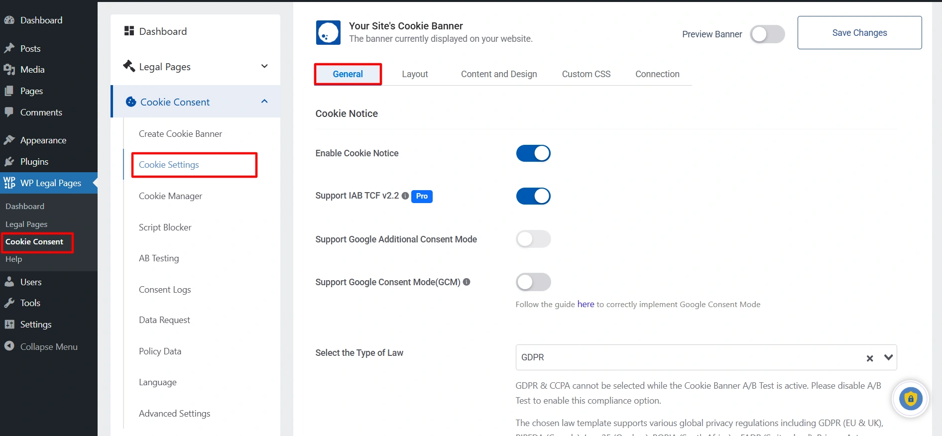 WP legal pages cookie settings