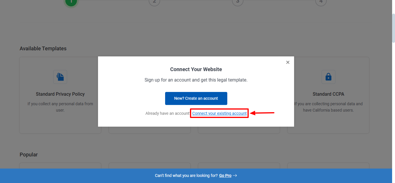 Click on Connect your existing website - WP Legal Pages
