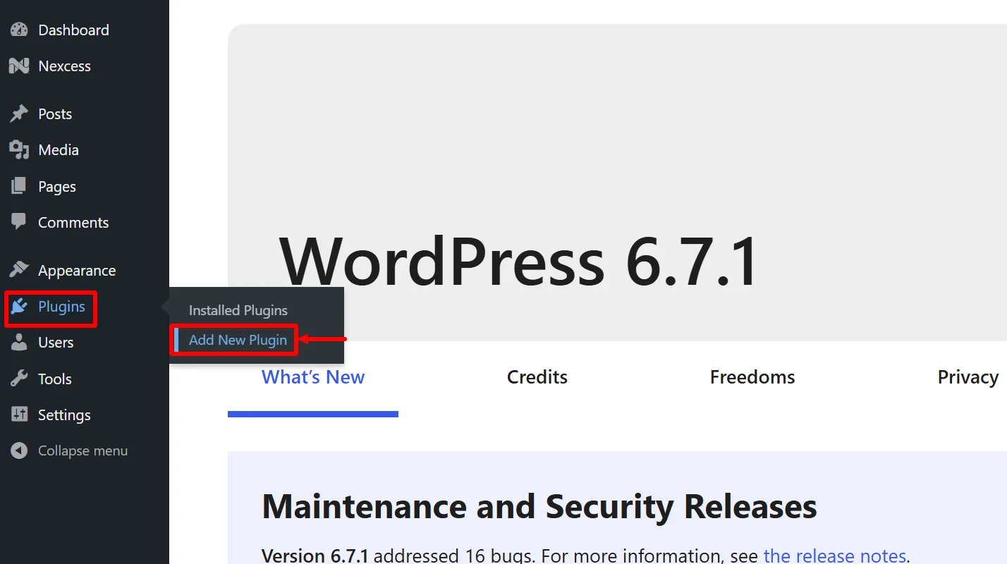 Adding a new plugin from WordPress dashboard.