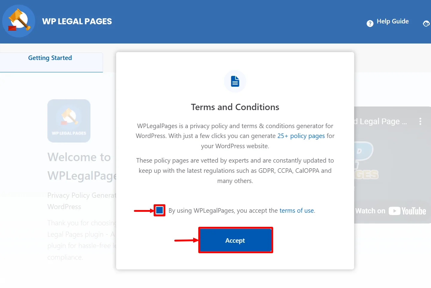 Accepting the Terms and Conditions.