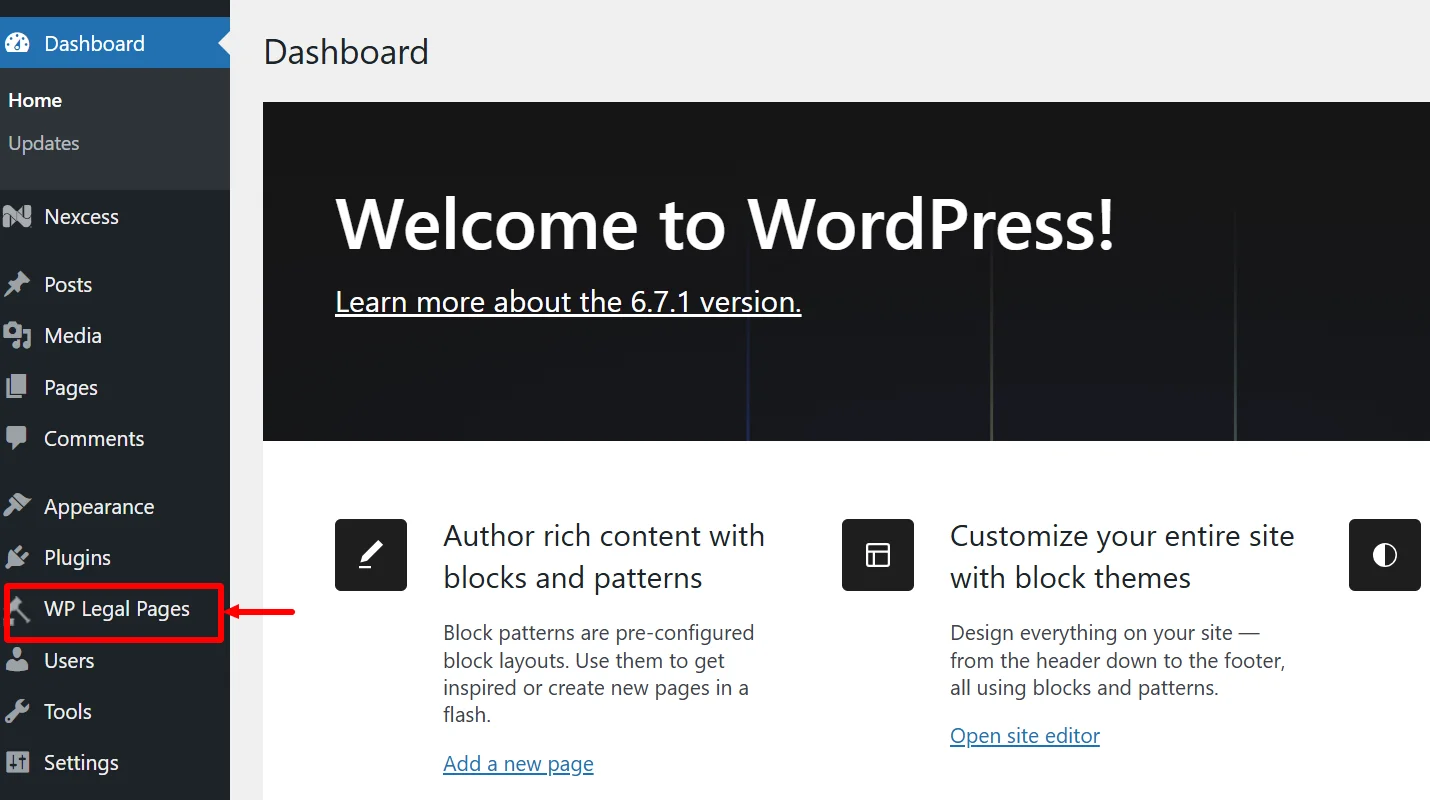 Accessing WP Legal Pages from the WordPress dashboard.