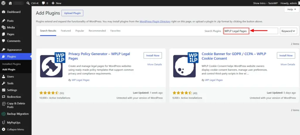 Search for WPLP Legal Pages in the search bar