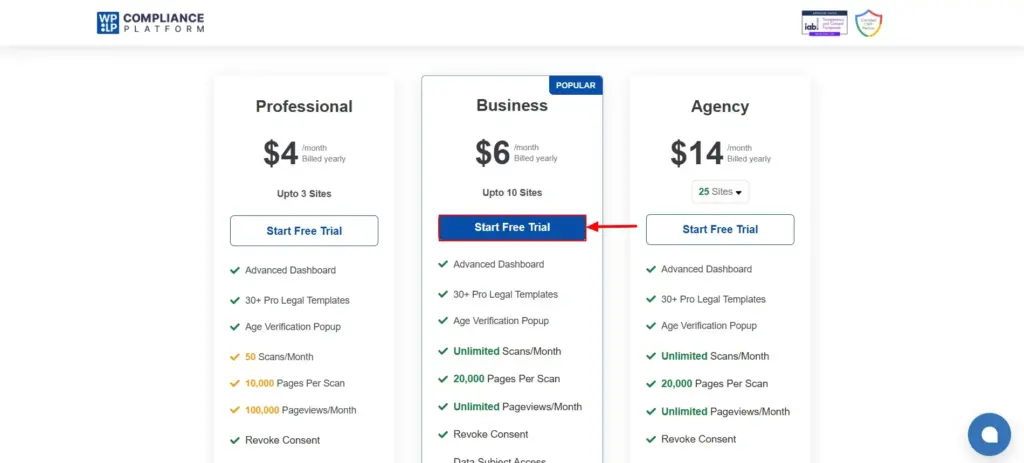 Click Start Free Trial in the Pricing page