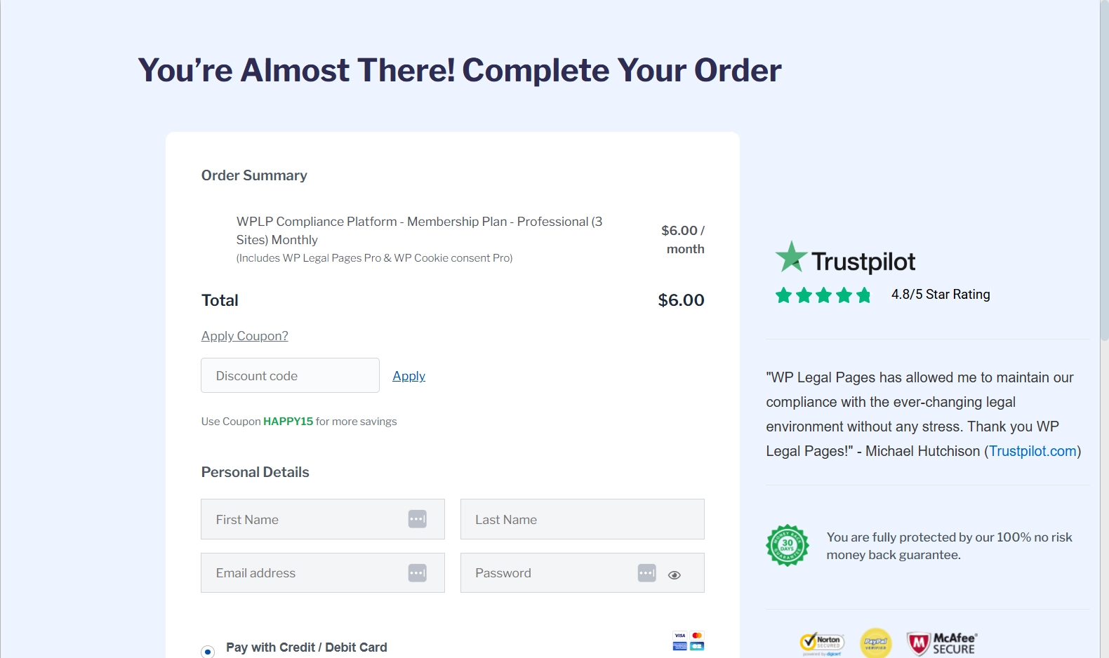 Fill in the personal details to create website privacy policy