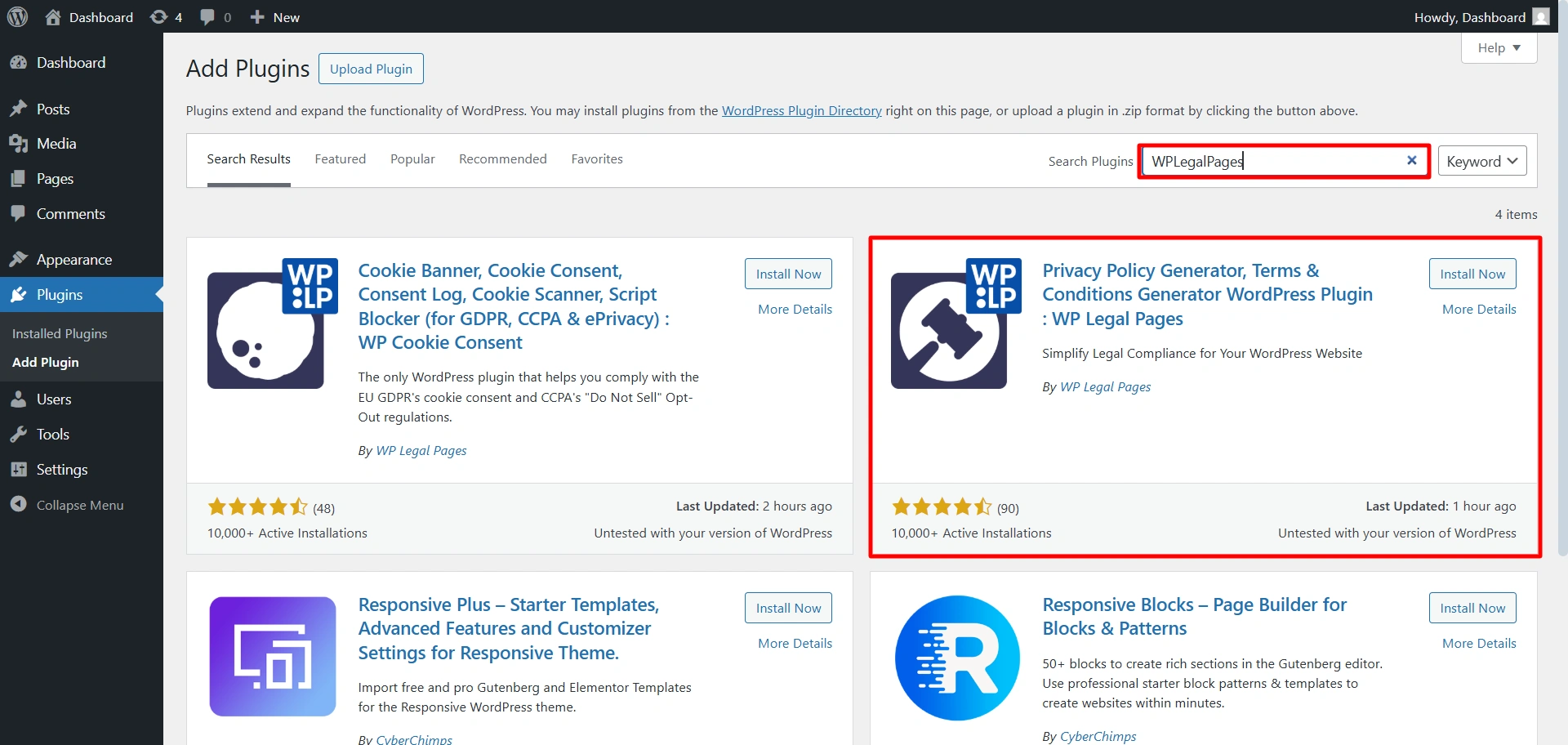 Searching for WPLegalPages plugin