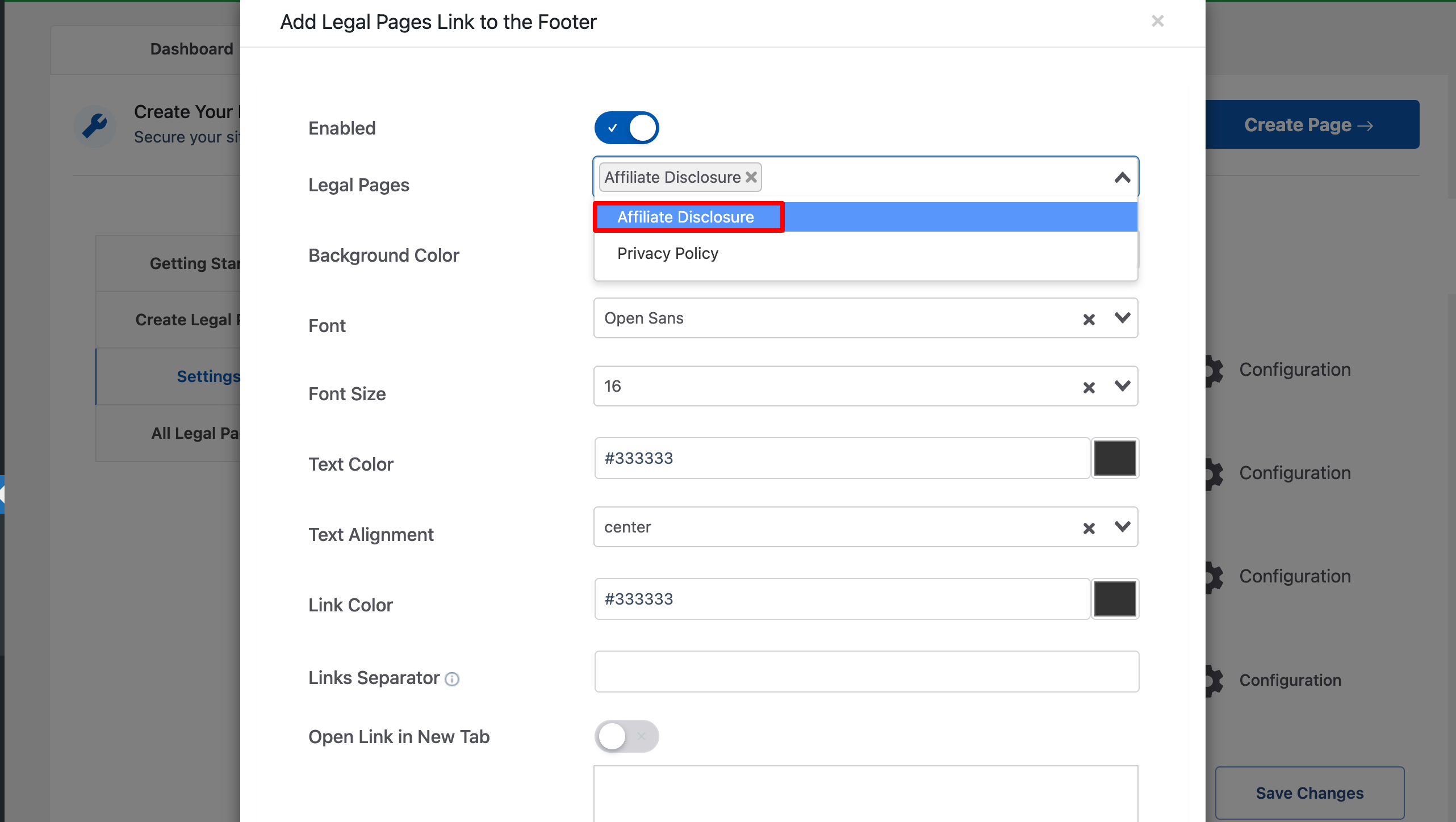 Selecting legal pages to be added to footer of the website