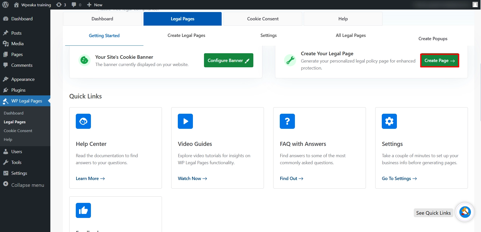 Click on create page button to create CCPA privacy policy