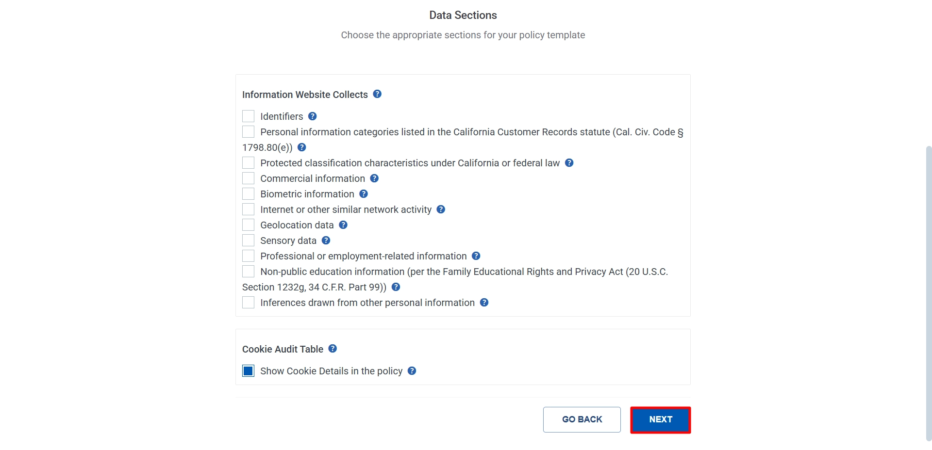 selecting the appropriate section according to business needs