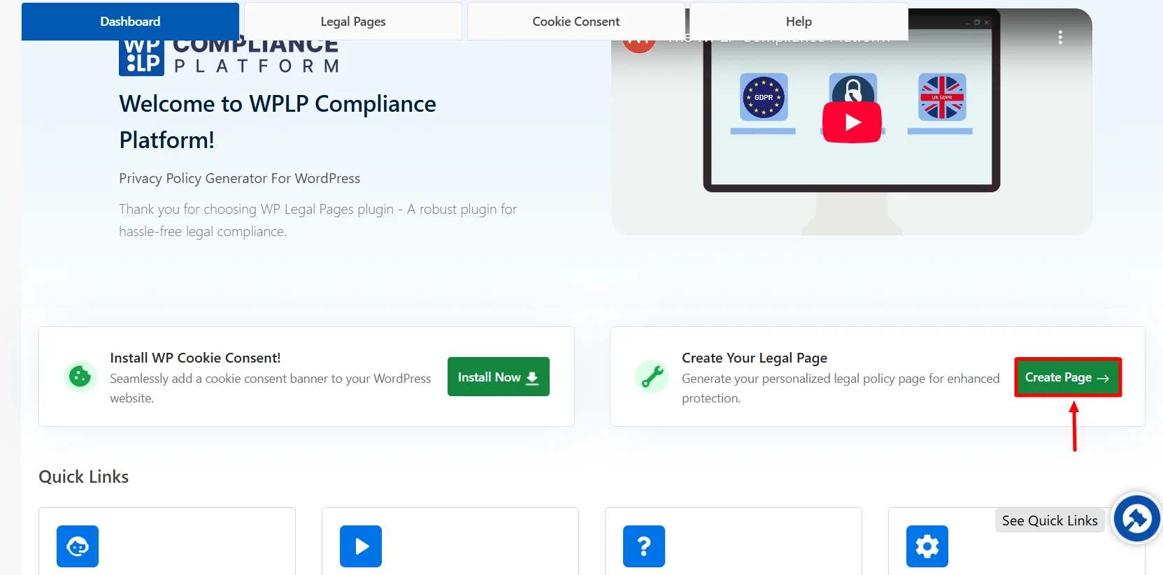 Clicking on Create Legal Pages
