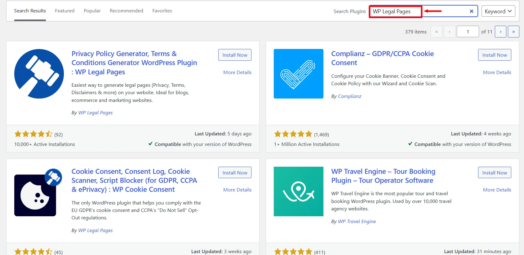 Search for WPLegalPages plugin