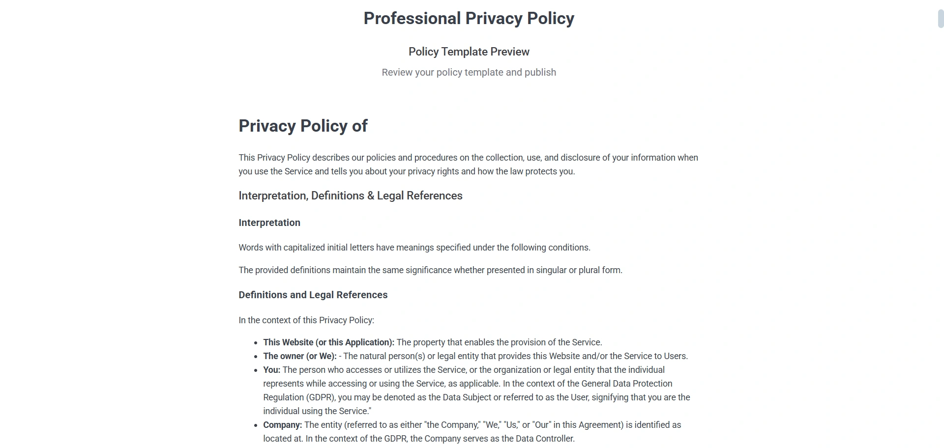 Clicking on create and edit to edit the privacy policy for educational website