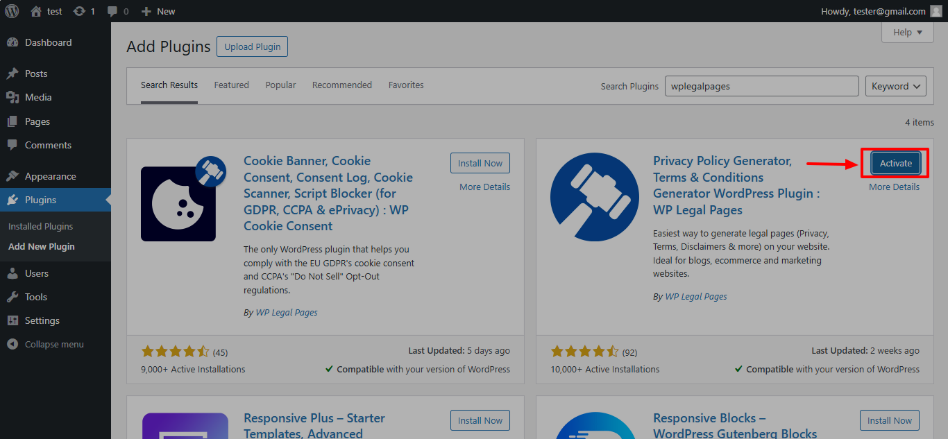 Activate WP Legal Pages plugin