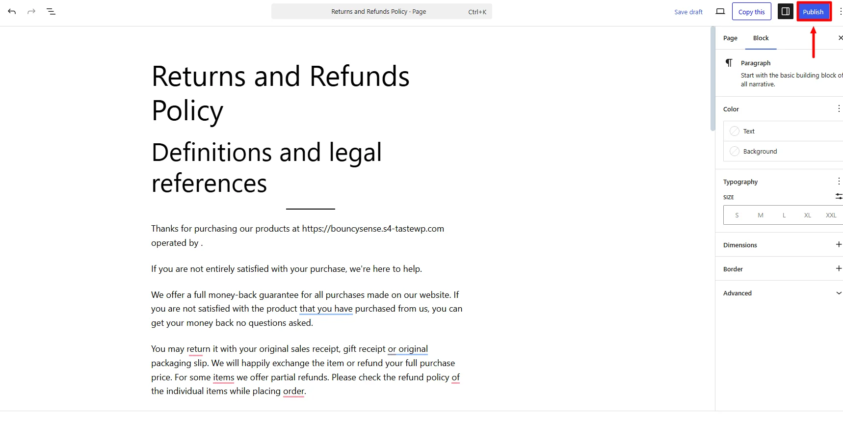 clicking on Publish