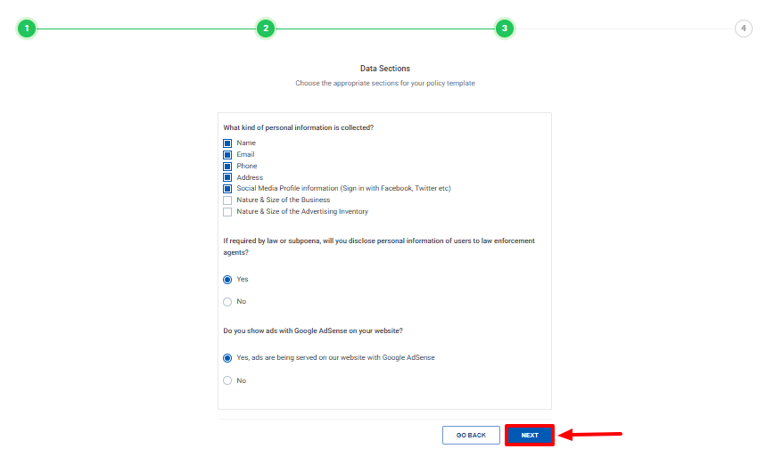 Add data sections and click on Next