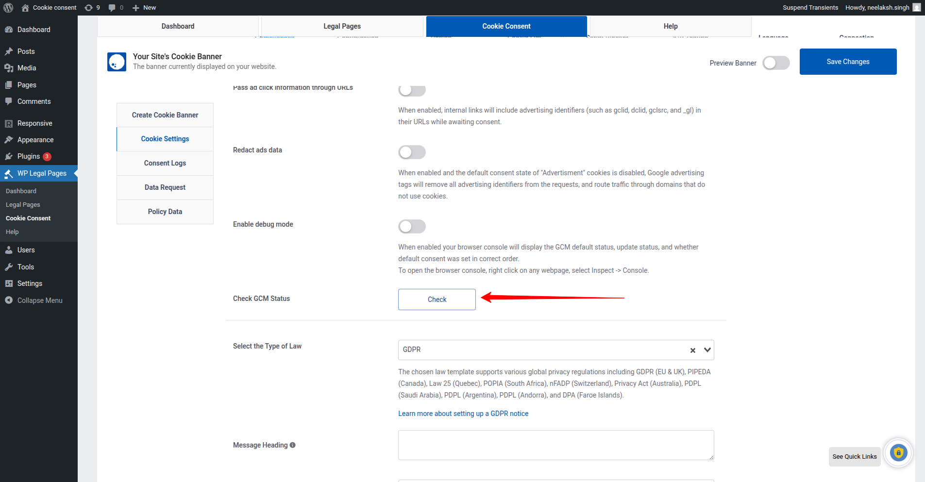 Check gcm status button