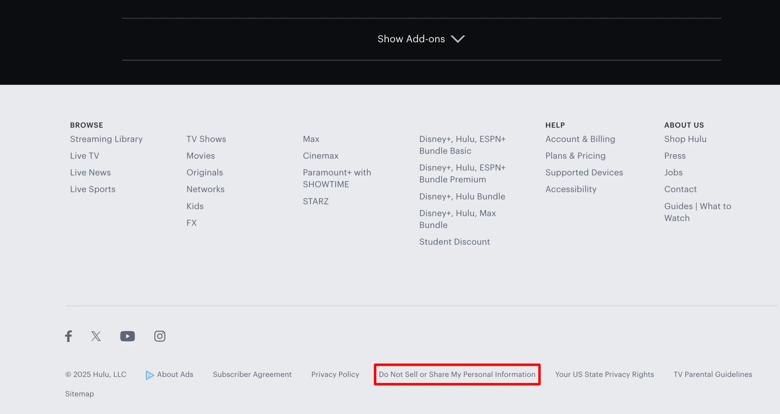 hulu websites footer do not sell or share personal information link